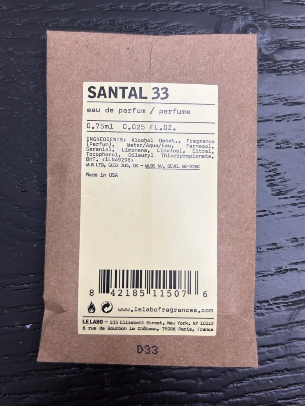 Le Labo Santal 33 Sample Packet - Brown & Cream
